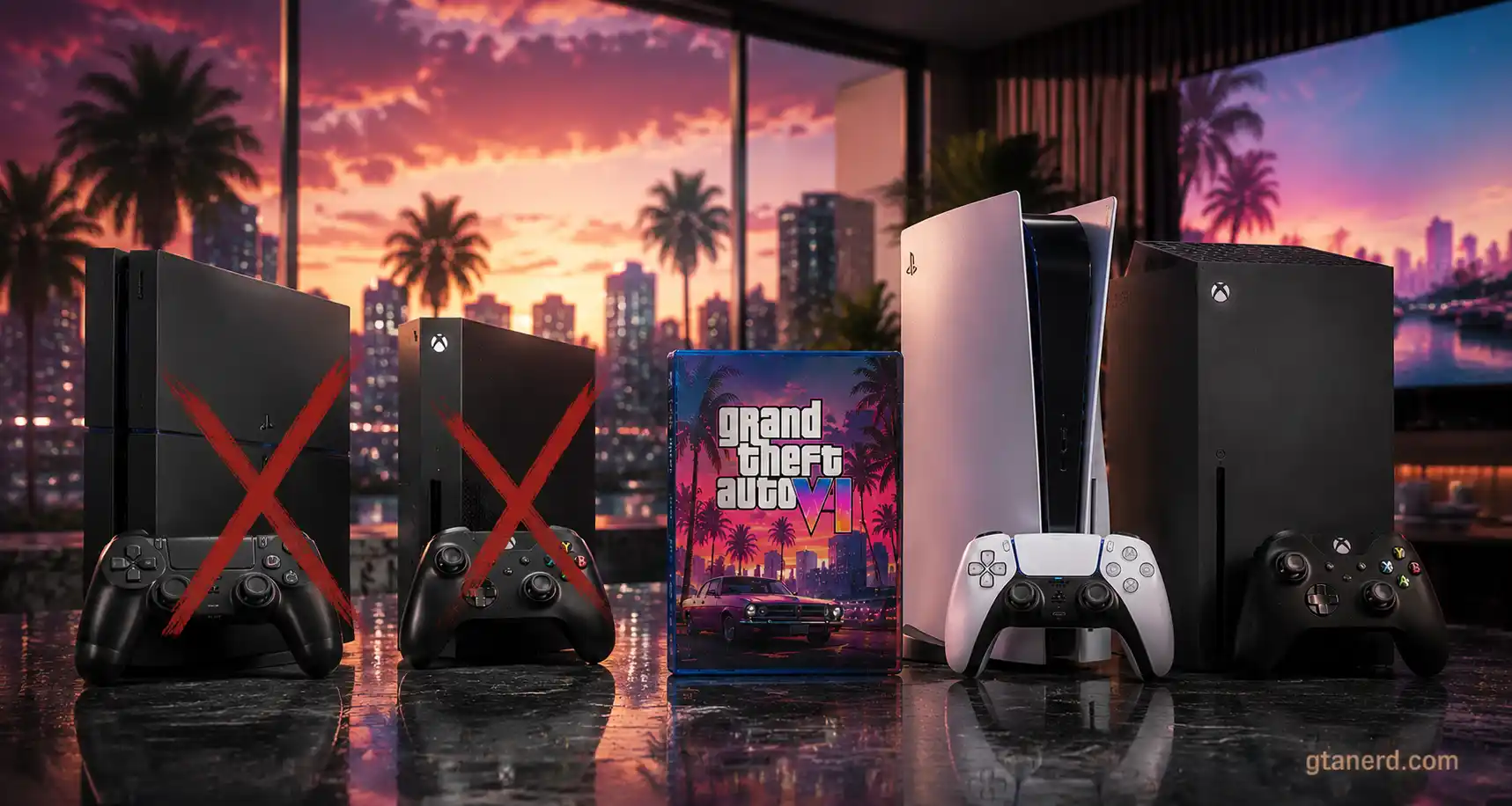 GTA 6 coming to PS5 with PlayStation 5, Xbox Series X, and unsupported PS4 and Xbox One consoles.