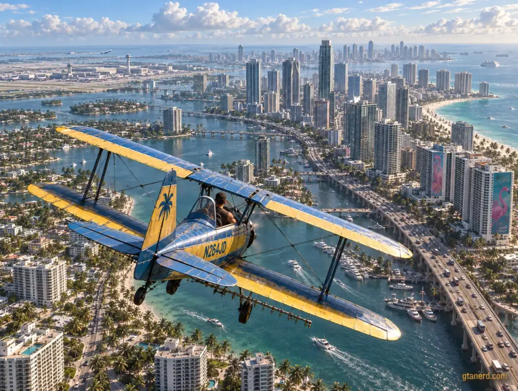 GTA 6 planes flying over Vice City, featuring a vintage biplane above the coastal city skyline.