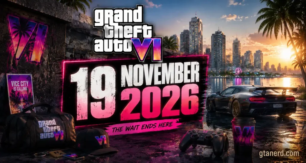 How Many Days Until GTA 6 countdown graphic showing the November 19, 2026 release date in a Vice City-inspired setting.
