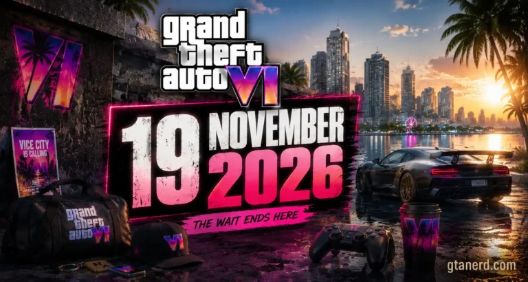 How Many Days Until GTA 6 countdown graphic showing the November 19, 2026 release date in a Vice City-inspired setting.