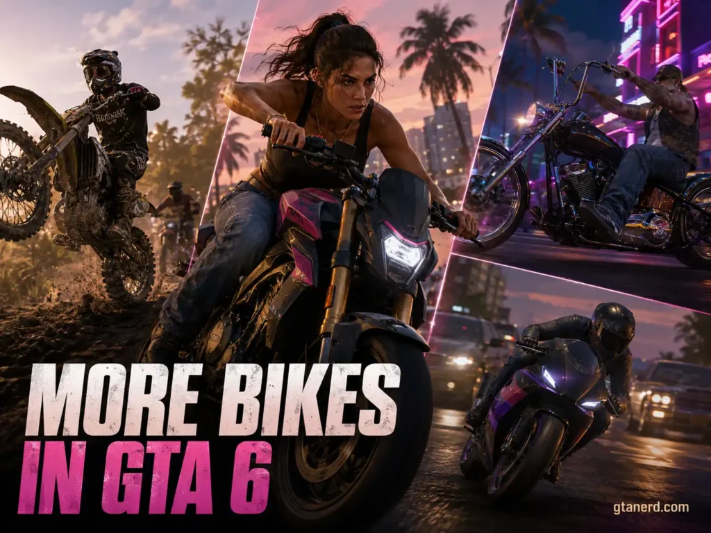 GTA 6 motorcycles featuring Lucia riding a street bike alongside dirt bikes, choppers, and high-performance sport motorcycles.
