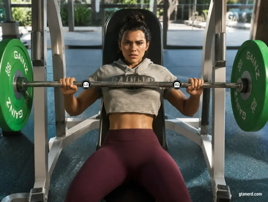 GTA 6 gym activity featuring Lucia working out and bench pressing in the Extended Look gameplay
