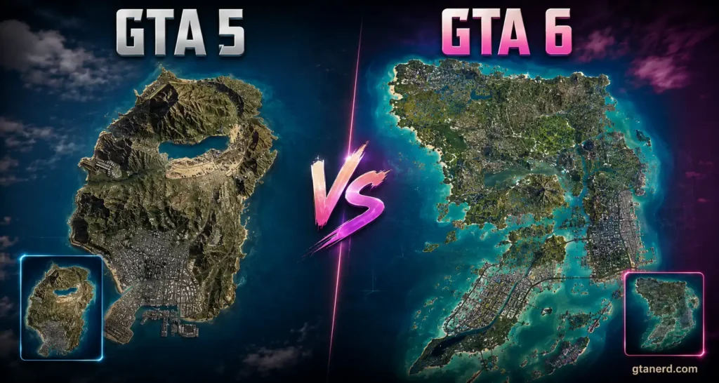 GTA 6 map vs GTA 5 comparison showing the larger GTA 6 map alongside the GTA 5 map with detailed cities, islands, and terrain differences.