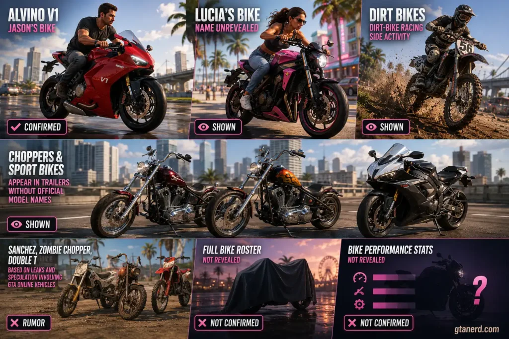 GTA 6 motorcycles guide showing confirmed, rumored, sport bikes, dirt bikes, choppers, Lucia's bike, and Jason's motorcycle.