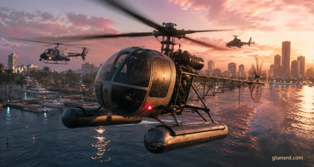 GTA 6 planes and Sea Sparrow helicopter flying over Vice City waterfront