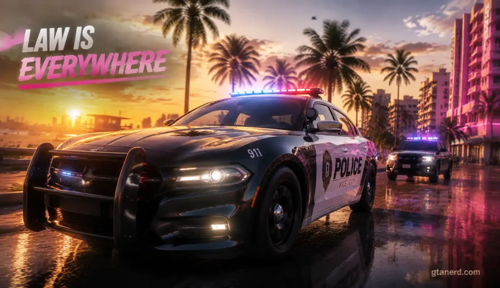 GTA 6 cop cars patrolling the streets of Vice City at sunset