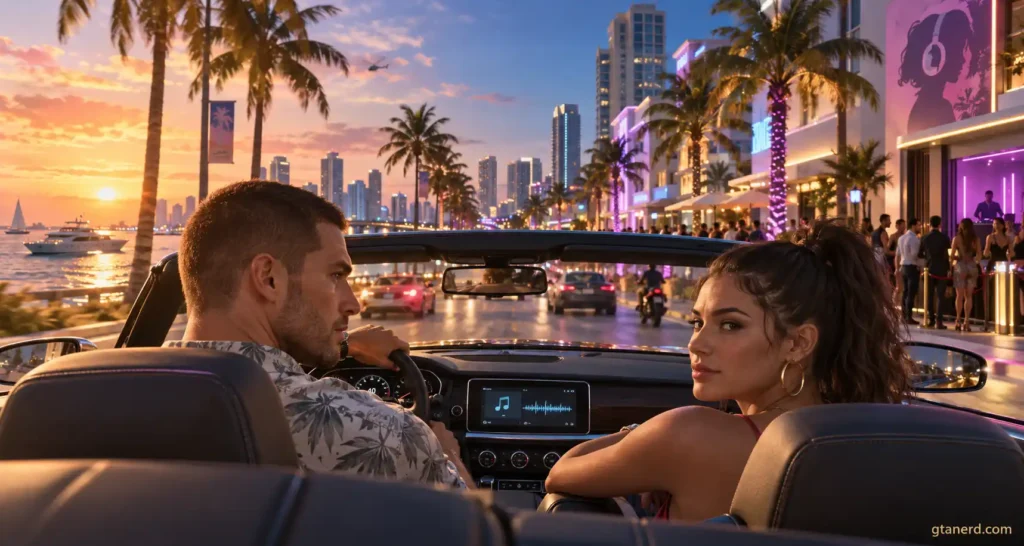 GTA 6 radio stations with Jason and Lucia driving through Vice City