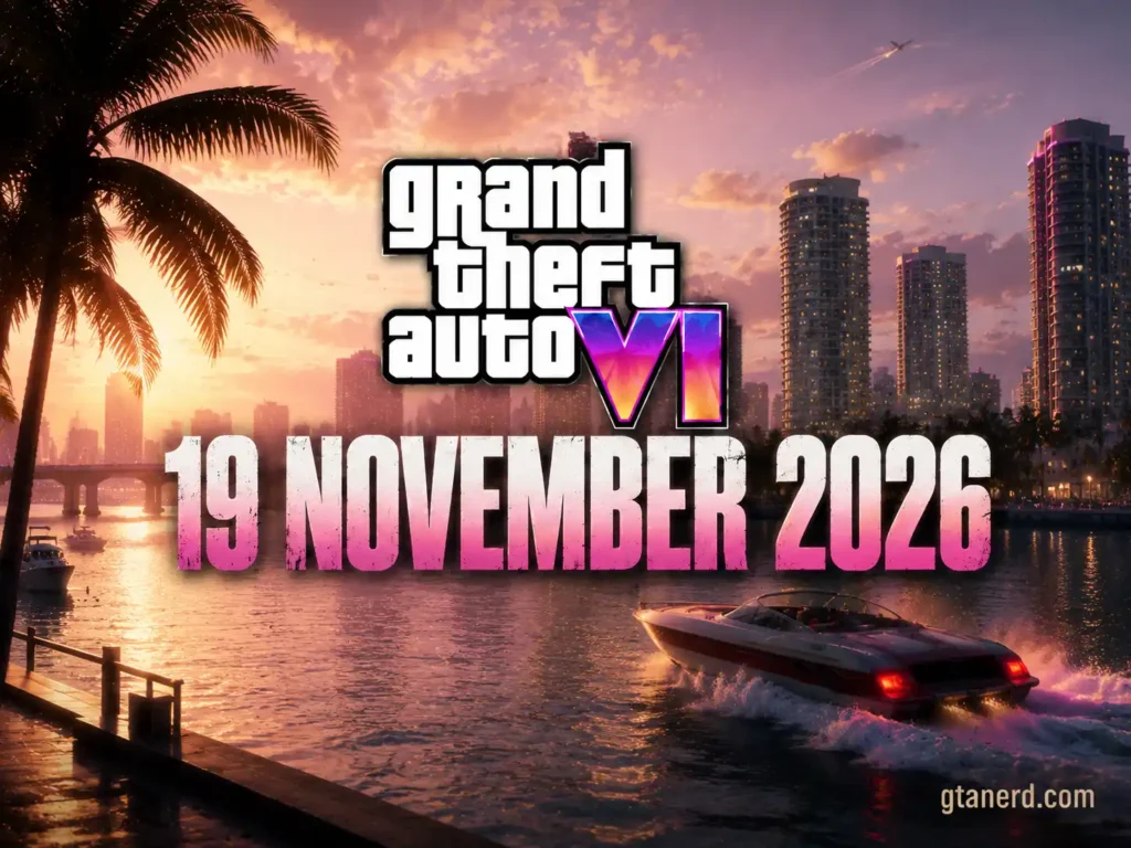 How Many Days Until GTA 6 graphic with GTA VI logo, Vice City skyline, sunset waterfront, and November 19, 2026 release date.