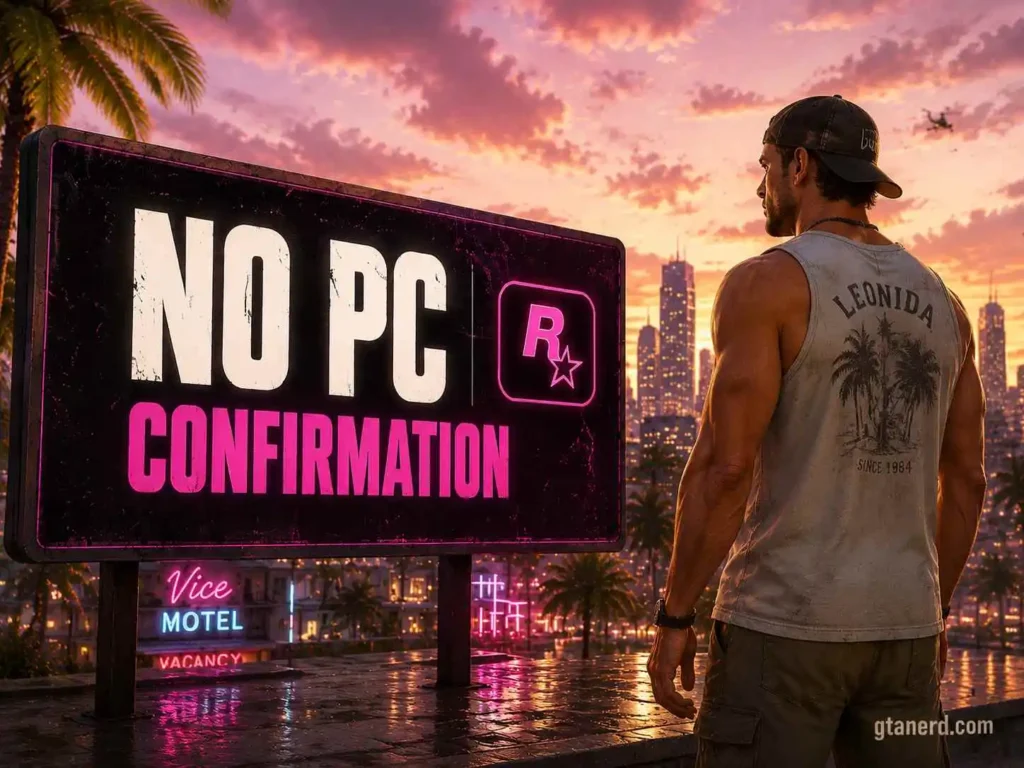 GTA 6 system requirements concept featuring a Vice City no PC confirmation billboard.