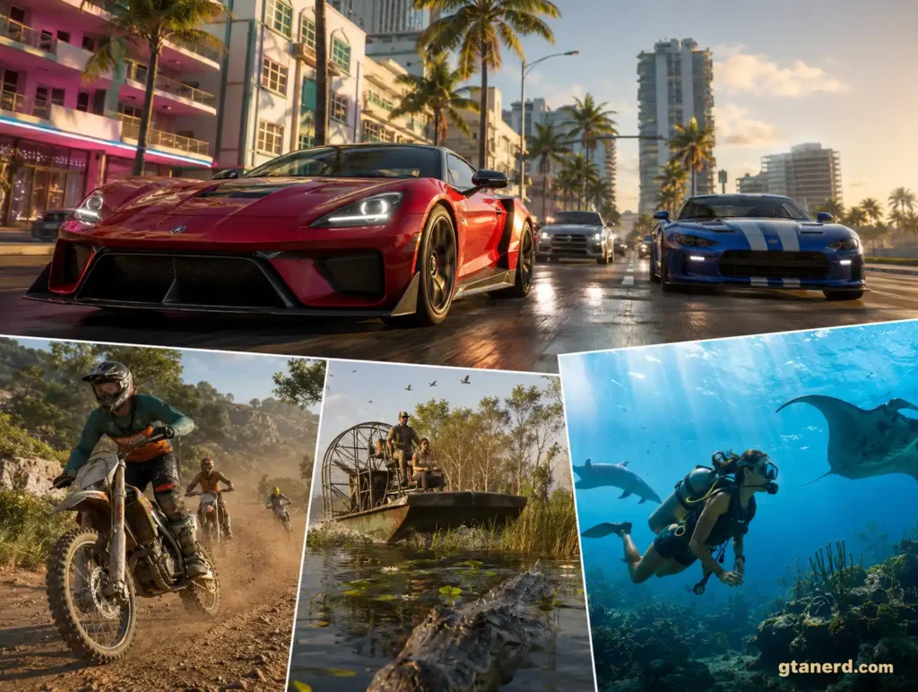 GTA 6 activities including racing, dirt bikes, boating, scuba diving, and underwater exploration in Leonida