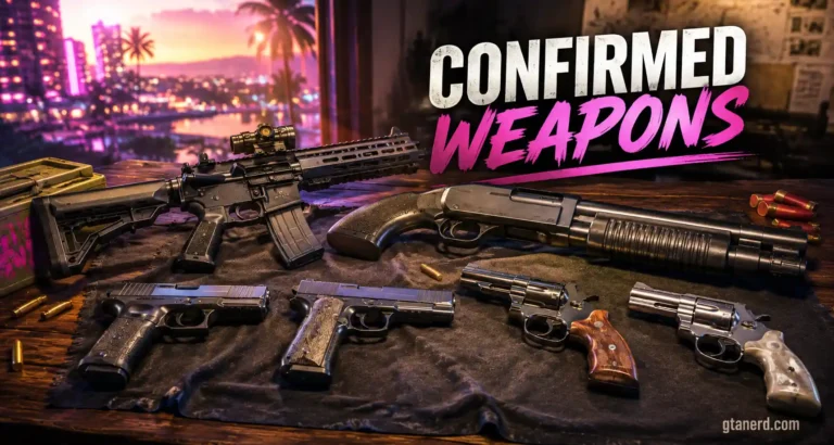 GTA 6 weapons featuring confirmed assault rifles, pump shotguns, pistols, and revolvers