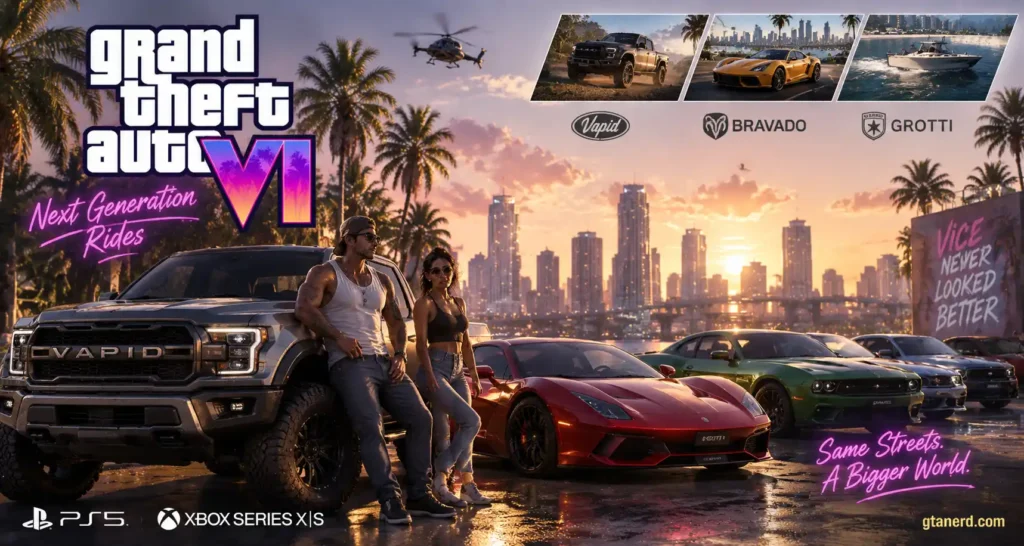 GTA 6 cars list featuring Jason and Lucia with trucks, sports cars, and vehicles in Vice City
