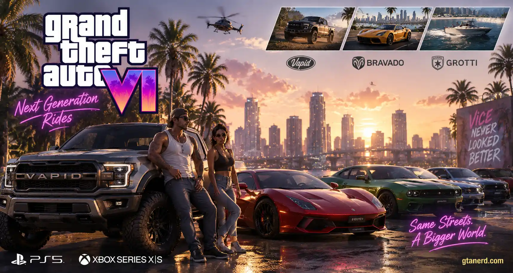 GTA 6 cars list featuring Jason and Lucia with trucks, sports cars, and vehicles in Vice City