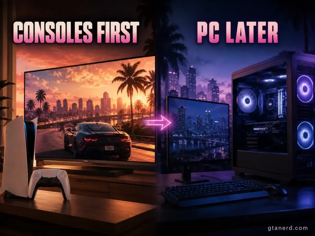 GTA 6 coming to PC comparison between PS5 console release and later PC version with a gaming desktop setup