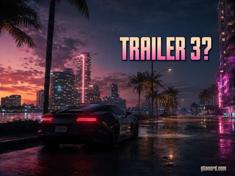 GTA 6 trailer 3 release date concept with a sports car driving through a neon-lit Vice City-inspired street at night.