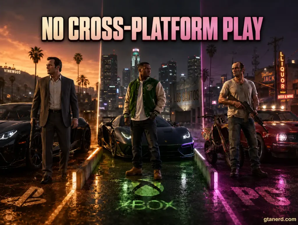 Is GTA 5 cross play? Comparison showing PlayStation, Xbox, and PC players unable to play together