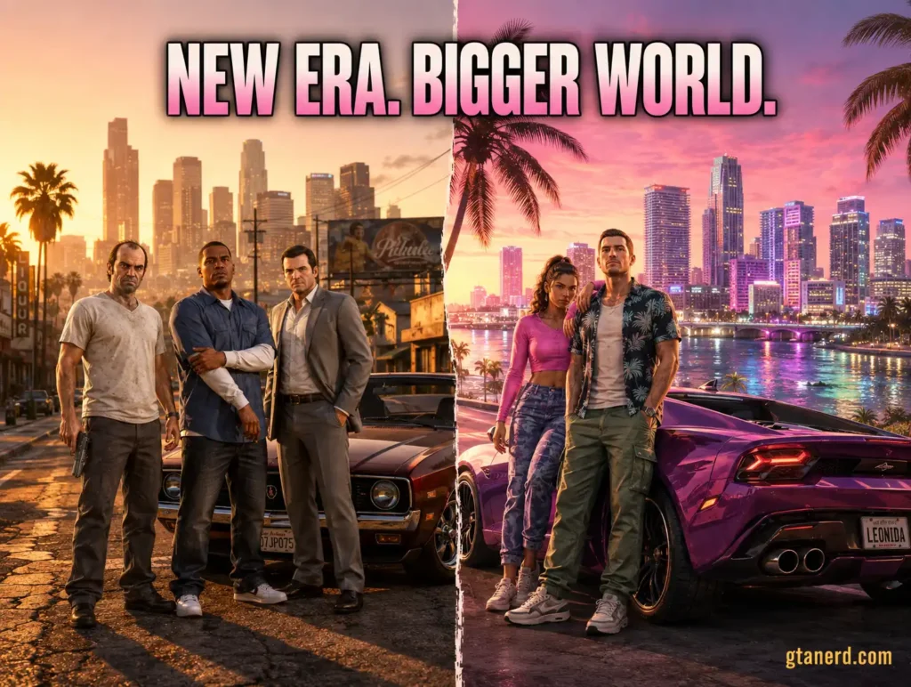 TA 5 vs GTA 6 comparison showing characters, cities, cars, and different eras