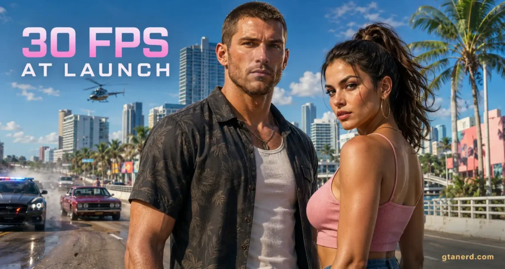 GTA 6 30 FPS at launch with Lucia and Jason in Vice City.