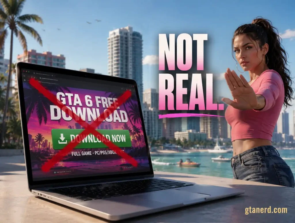 GTA 6 download warning showing a fake free download on a laptop with Lucia and a “Not Real” scam alert.