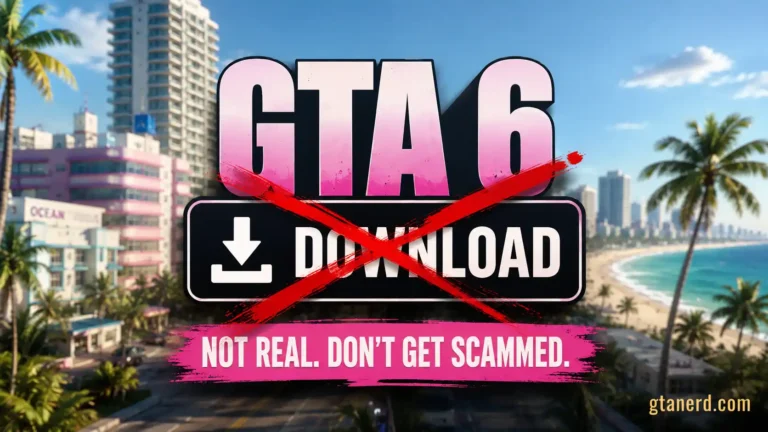 GTA 6 download scam warning showing a fake download button crossed out over a Vice City-inspired beach scene