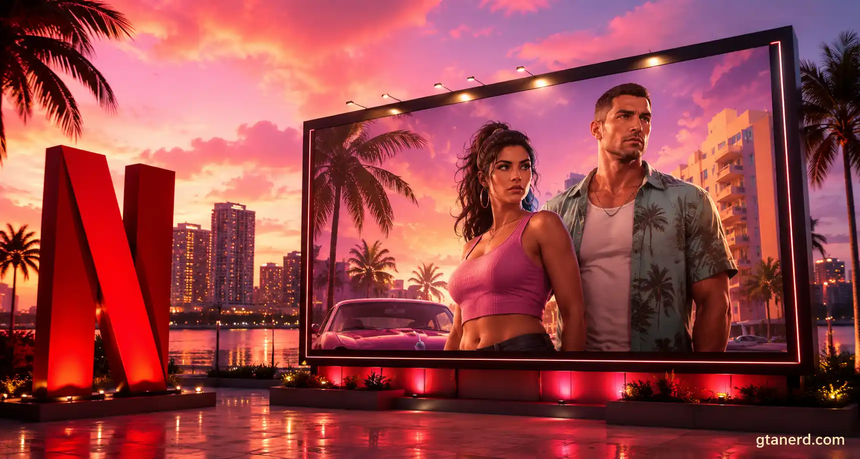GTA 6 early access on Netflix featuring Lucia and Jason in Vice City