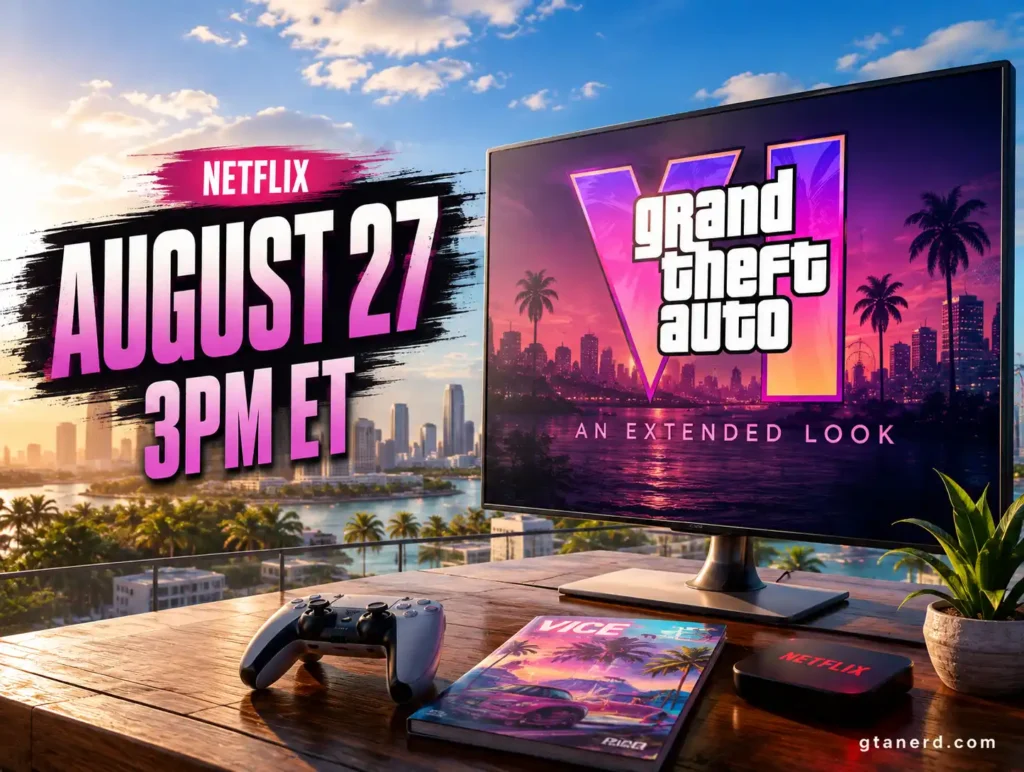 GTA 6 Extended Look Netflix premiere on August 27 at 3 PM ET.