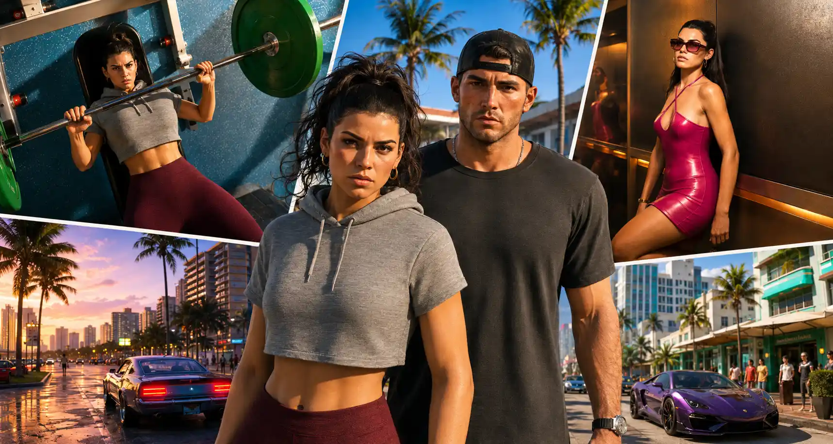 GTA 6 Extended Look gameplay featuring Lucia and Jason in Vice City, with gym, nightlife, and street scenes.