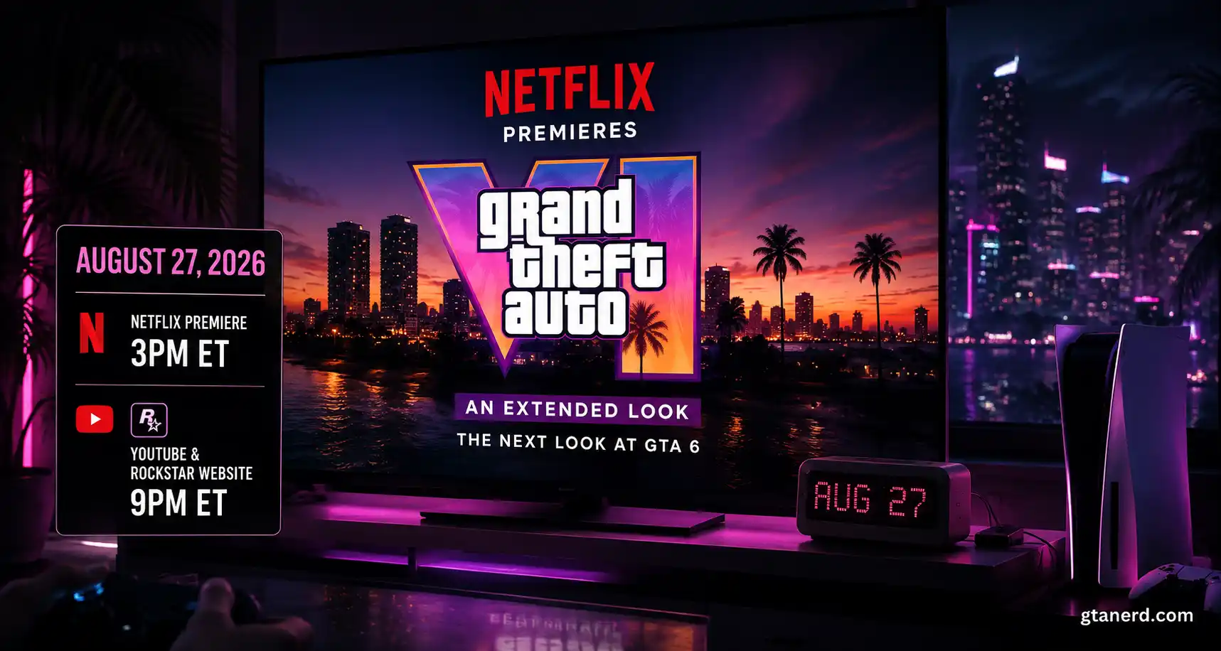 GTA 6 Extended Look premiering first on Netflix before launching on Rockstar Games YouTube and the official GTA VI website.