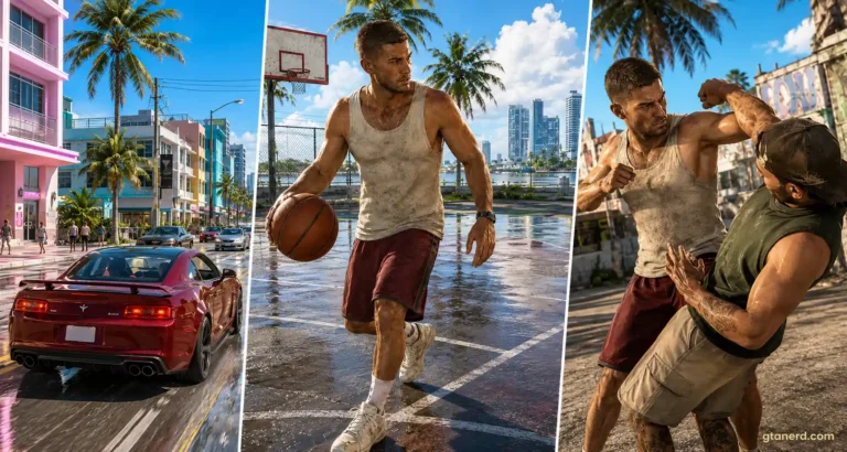 GTA 6 gameplay leak showing Jason playing basketball, driving a sports car, and fighting in Vice City.