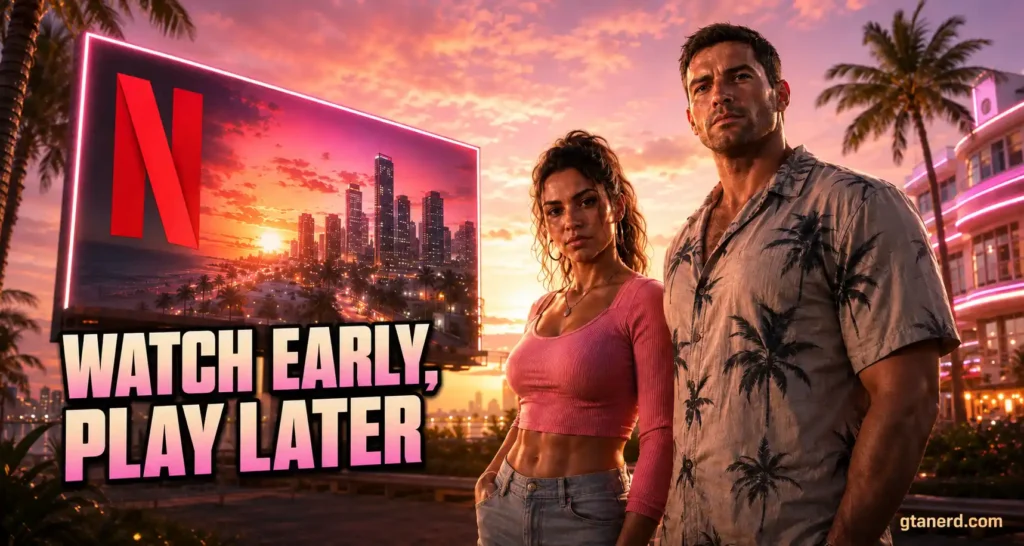 GTA 6 early access on Netflix featuring Lucia and Jason in Vice City