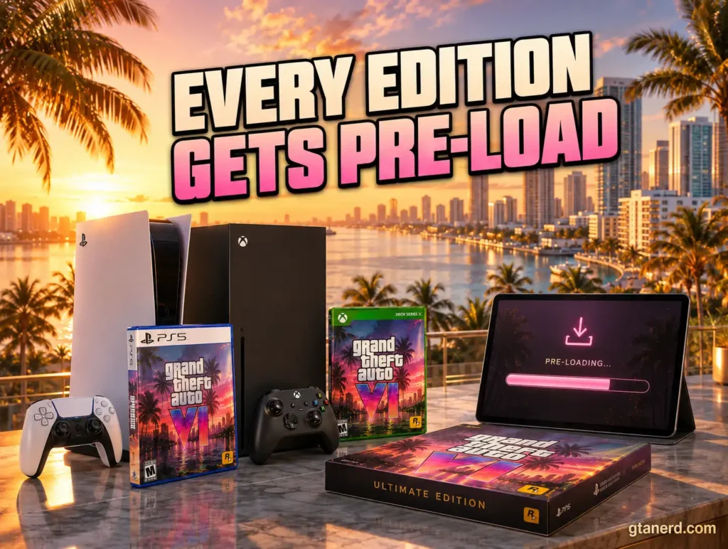 GTA 6 pre load across PS5 and Xbox Series X|S with consoles, game editions, and a pre-loading screen overlooking Vice City.