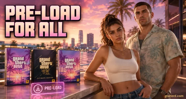 GTA 6 pre load editions featuring Lucia and Jason in Vice City at sunset.