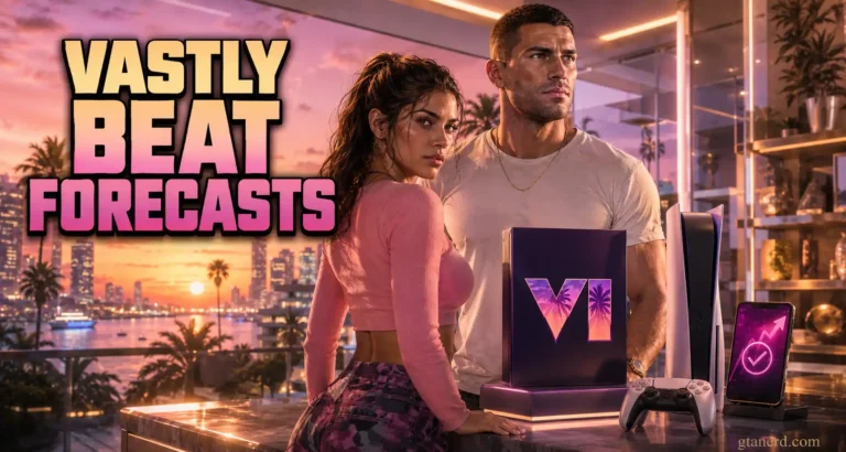 GTA 6 pre orders forecasts featuring Lucia and Jason with a PS5 console, GTA 6 edition box, and Vice City sunset skyline.