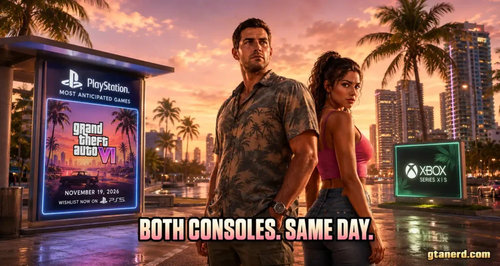 GTA 6 Sony connection showing PlayStation and Xbox consoles with Jason and Lucia