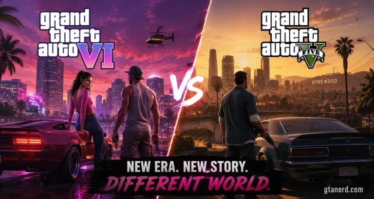 GTA 6 vs GTA 5 comparison showing both games, characters, cars, and city settings