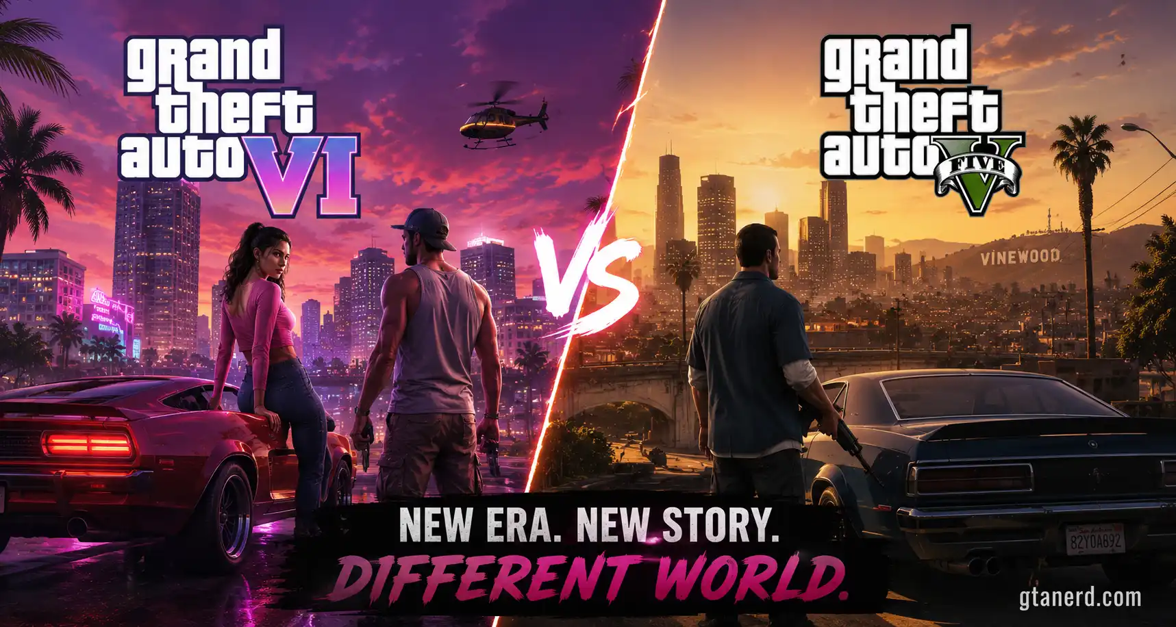 GTA 6 vs GTA 5 comparison showing both games, characters, cars, and city settings
