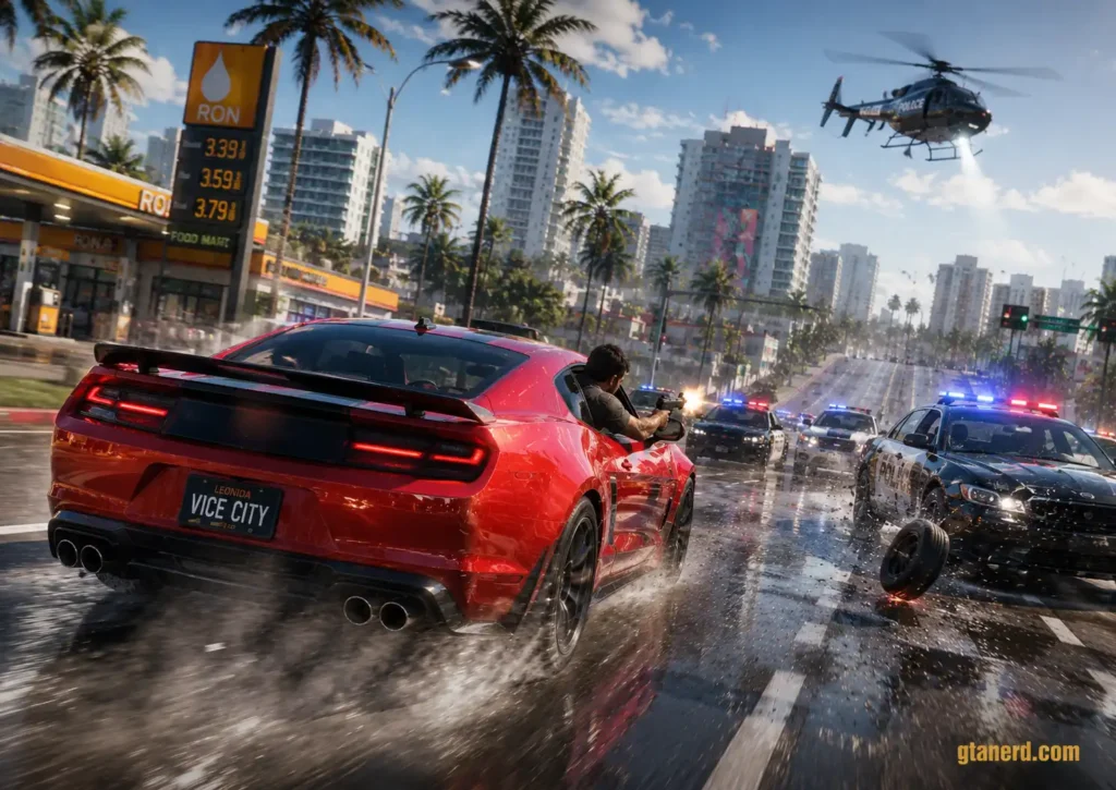 GTA 6 Extended Look gameplay showing a red sports car speeding through Vice City during a police chase, with police cars and a helicopter in pursuit on a wet city street.
