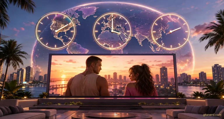GTA 6 Extended Look release time shown across global time zones, with Jason and Lucia on screen in Vice City.
