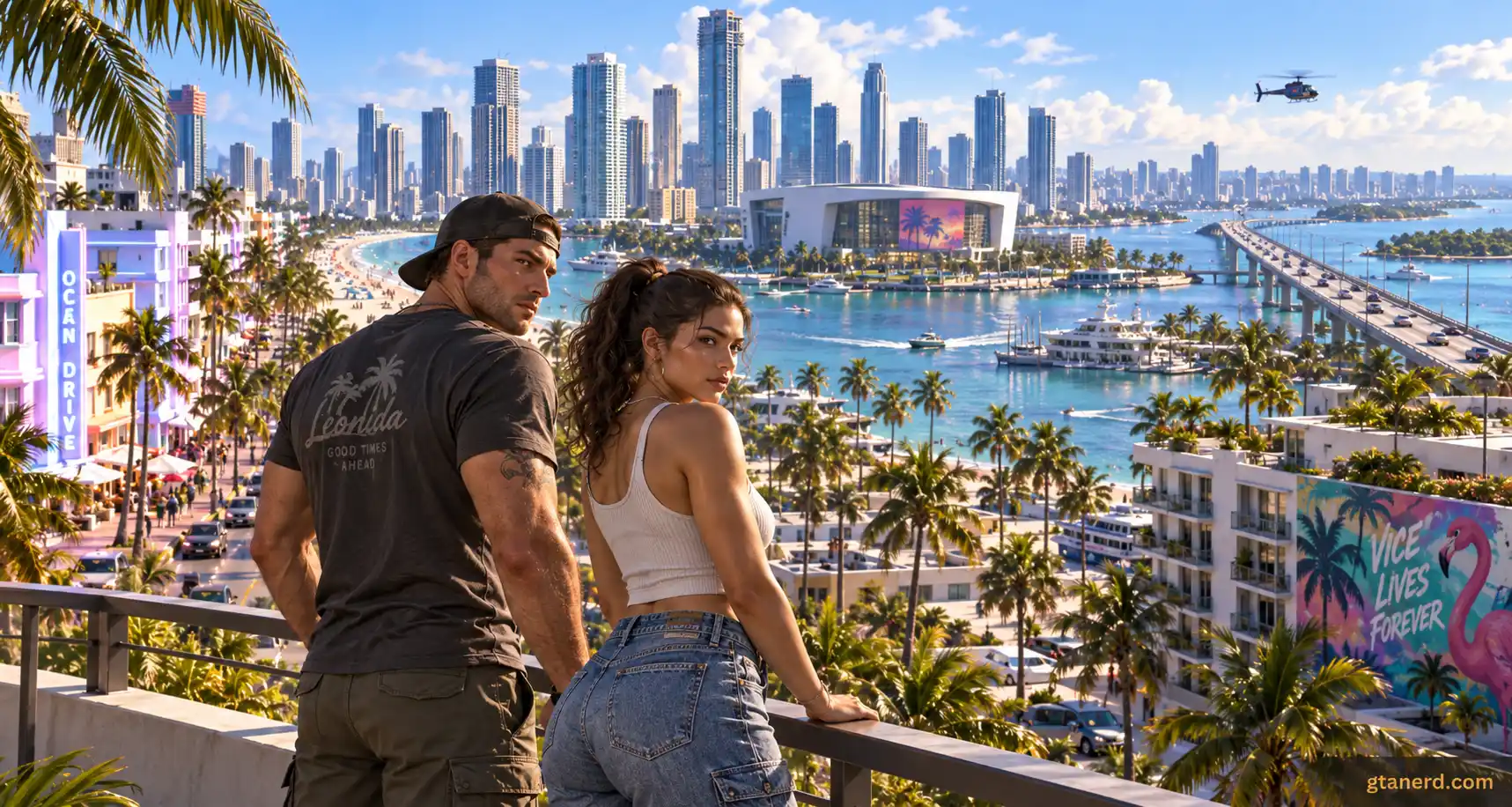 GTA 6 real life locations featuring Lucia and Jason overlooking a Vice City-inspired coastal skyline, beaches, palm trees, and bridges.