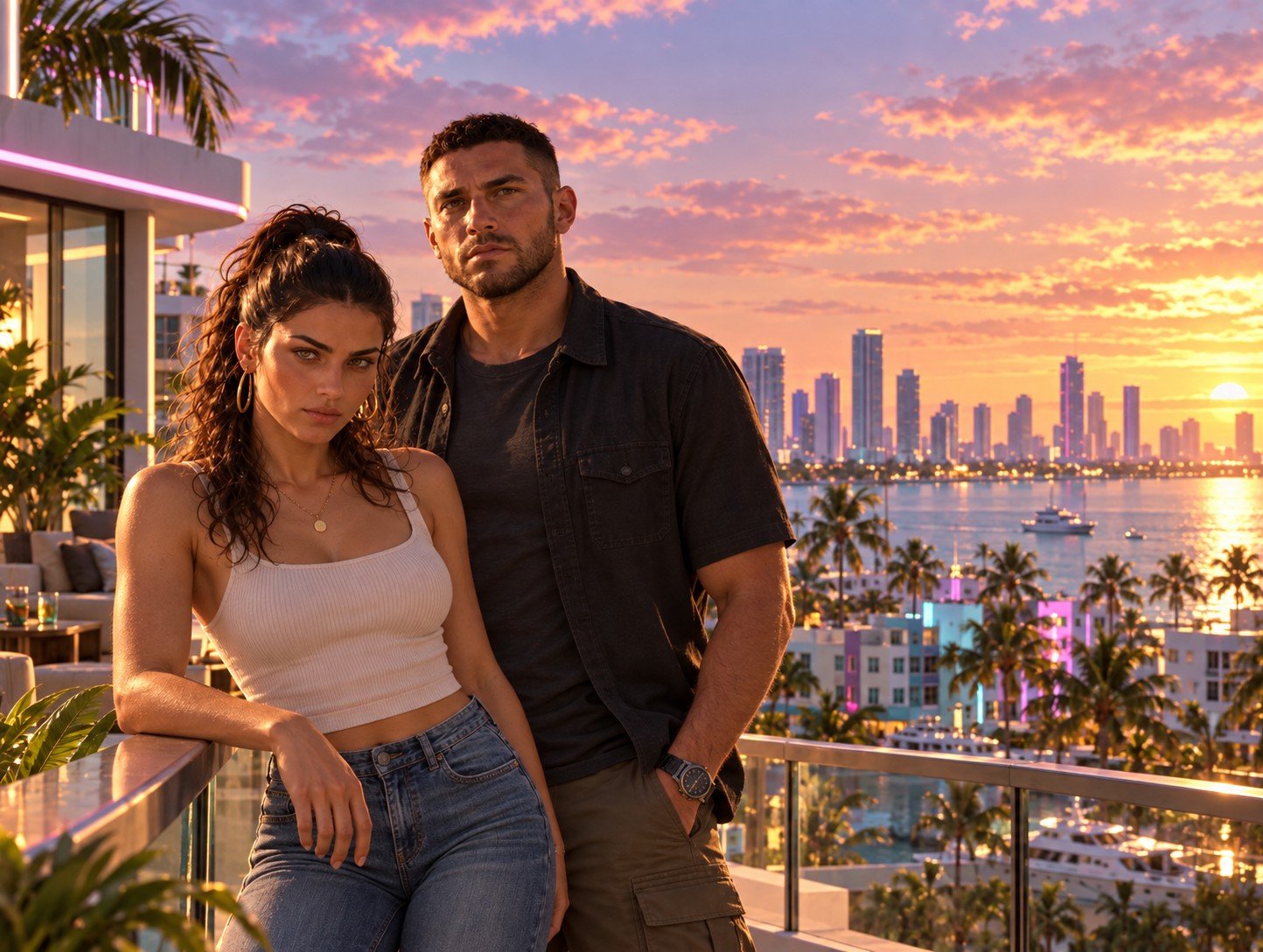 Jason and Lucia on a Vice City balcony at sunset, overlooking the Leonida skyline and bay.