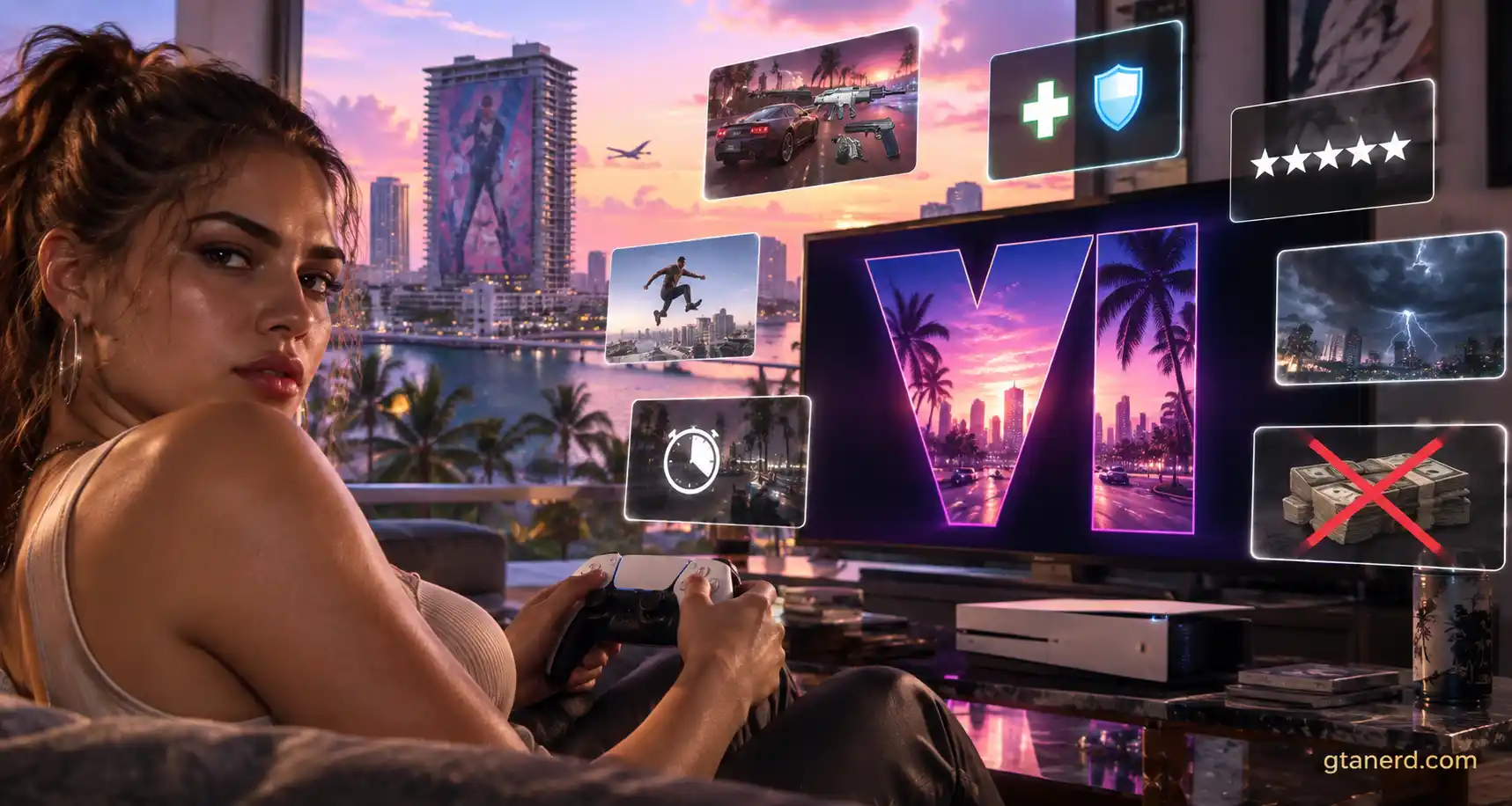 GTA 6 cheat codes and gameplay features shown on a TV screen, including weapons, health, wanted level, weather, and no-money cheat icons.