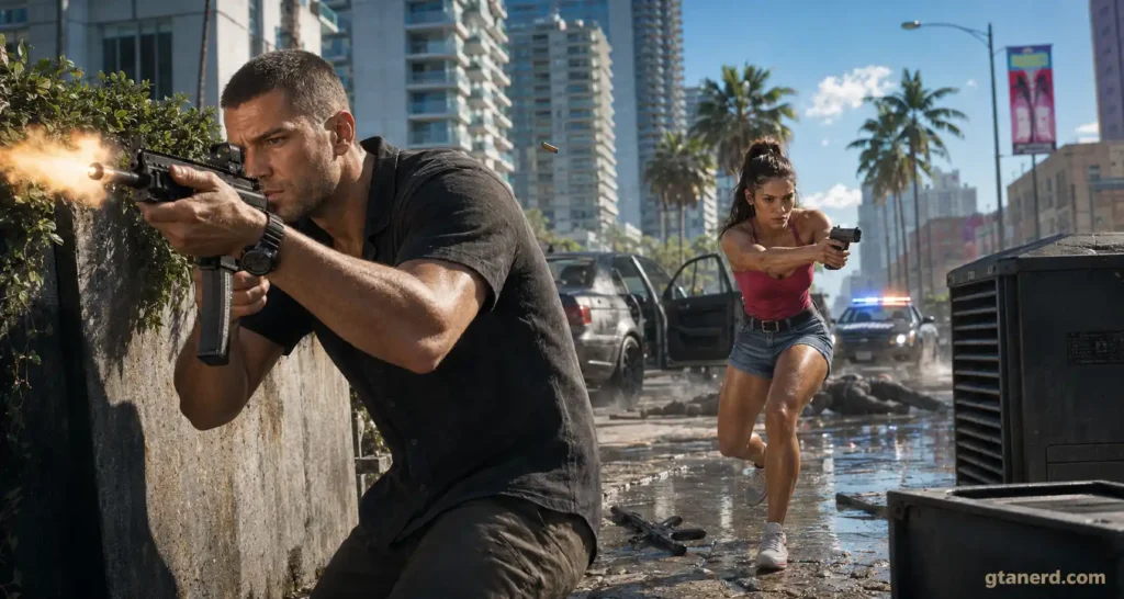 GTA 6 combat scene showing two characters engaged in a shootout on a city street.