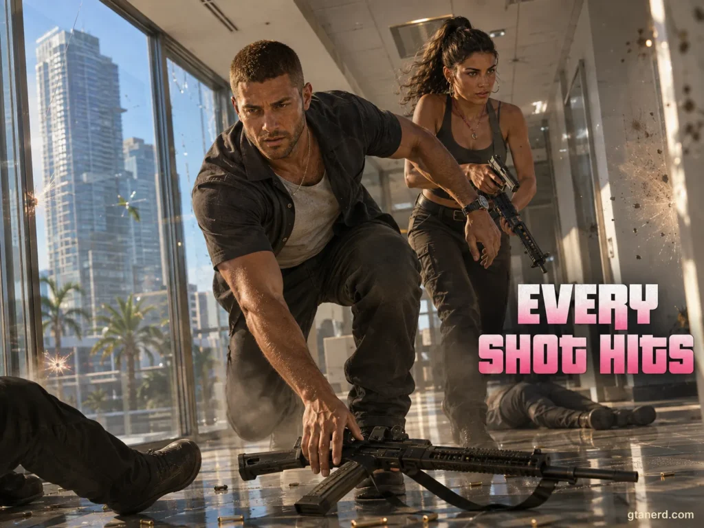 GTA 6 combat system showing Jason and Lucia fighting enemies inside a building with firearms.