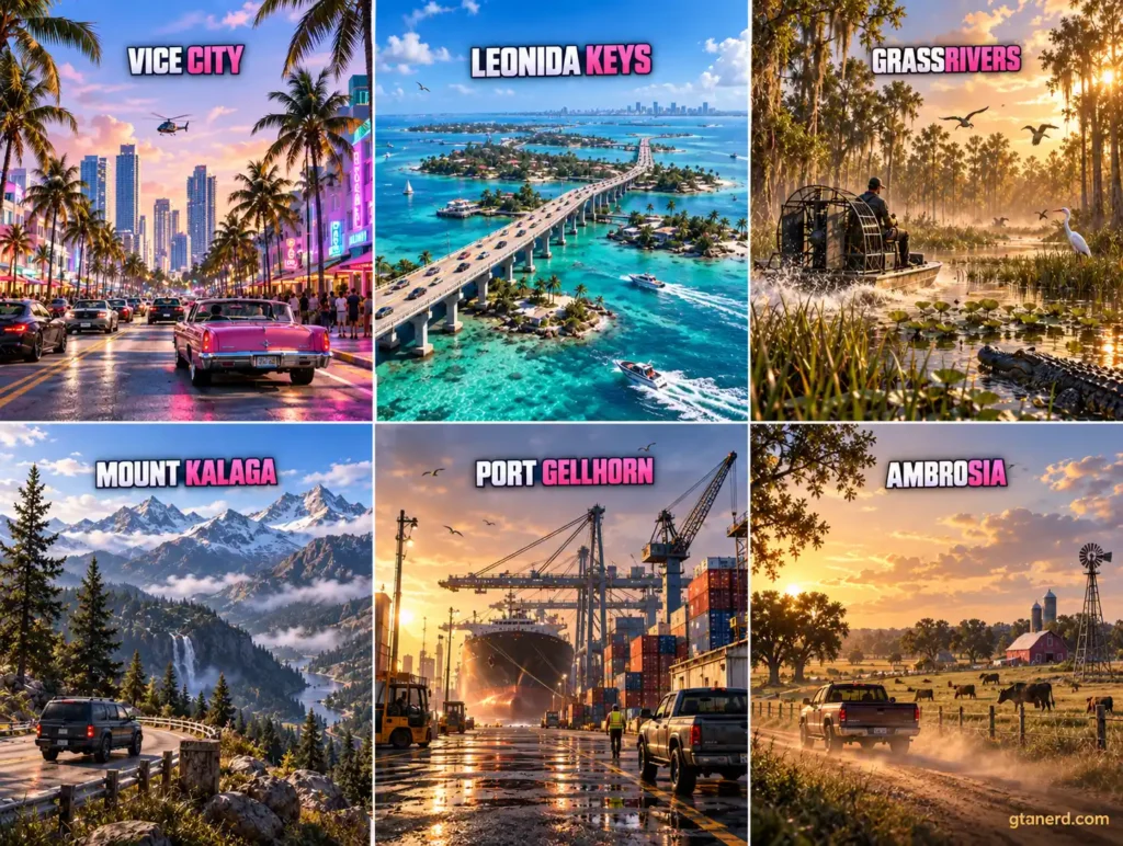 GTA 6 different locations including Vice City, Leonida Keys, Grassrivers, Mount Kalaga, Port Gellhorn, and Ambrosia.