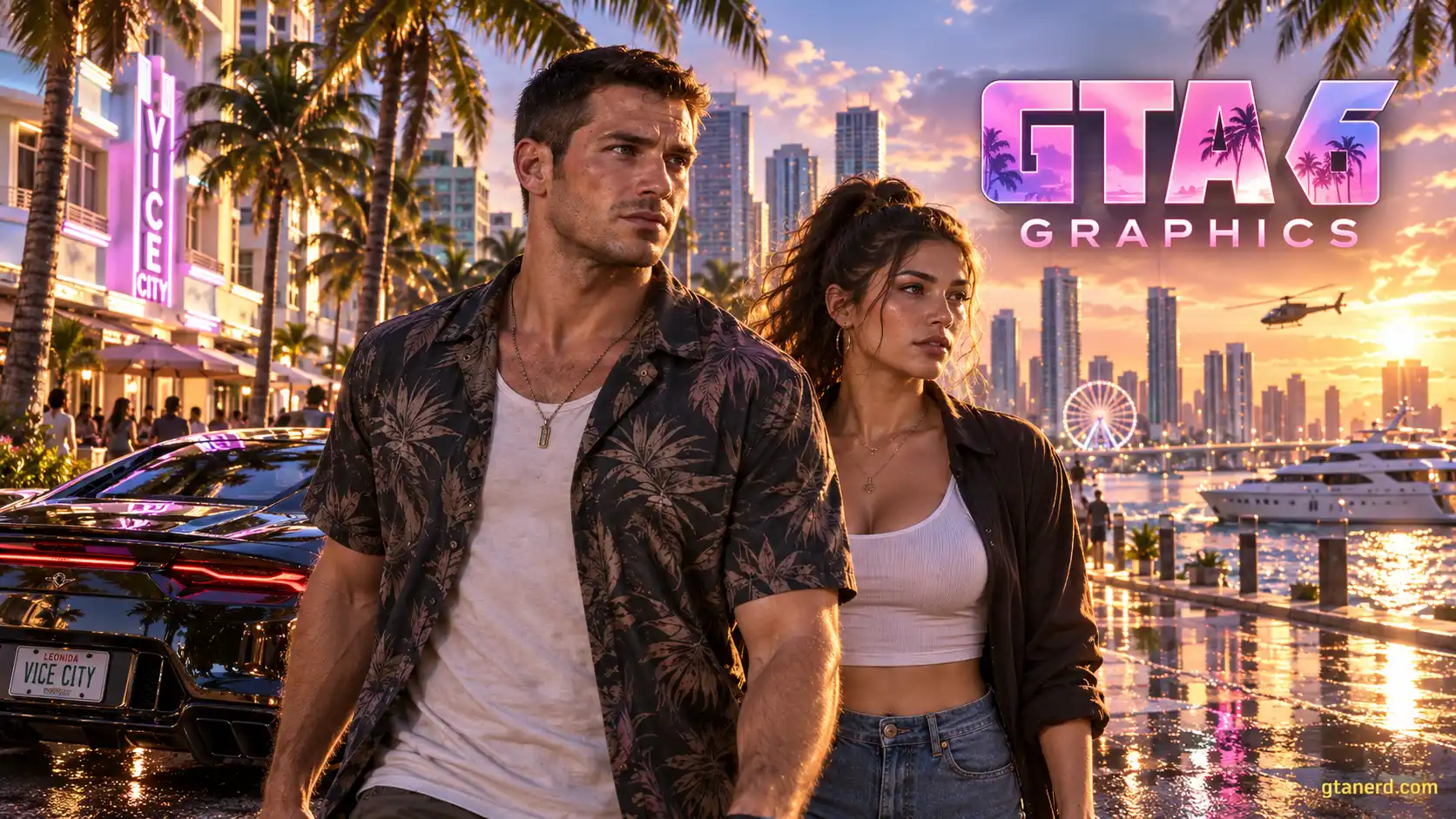 GTA 6 graphics featuring Jason and Lucia in Vice City
