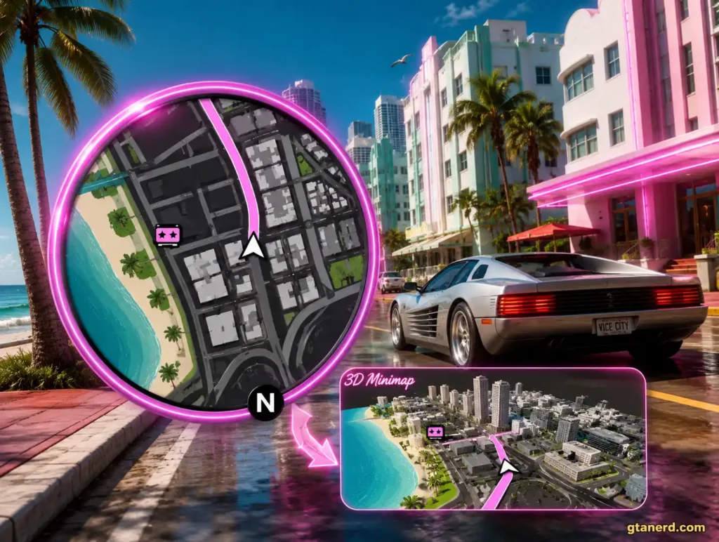 GTA 6 HUD showing 2D and 3D minimap navigation in Vice City with pink waypoint route