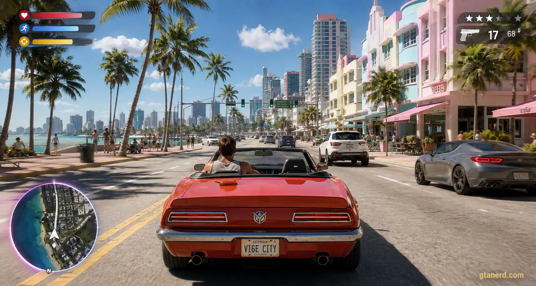 GTA 6 HUD and minimap showing health, stamina, Focus bars, wanted stars, ammo and Vice City navigation