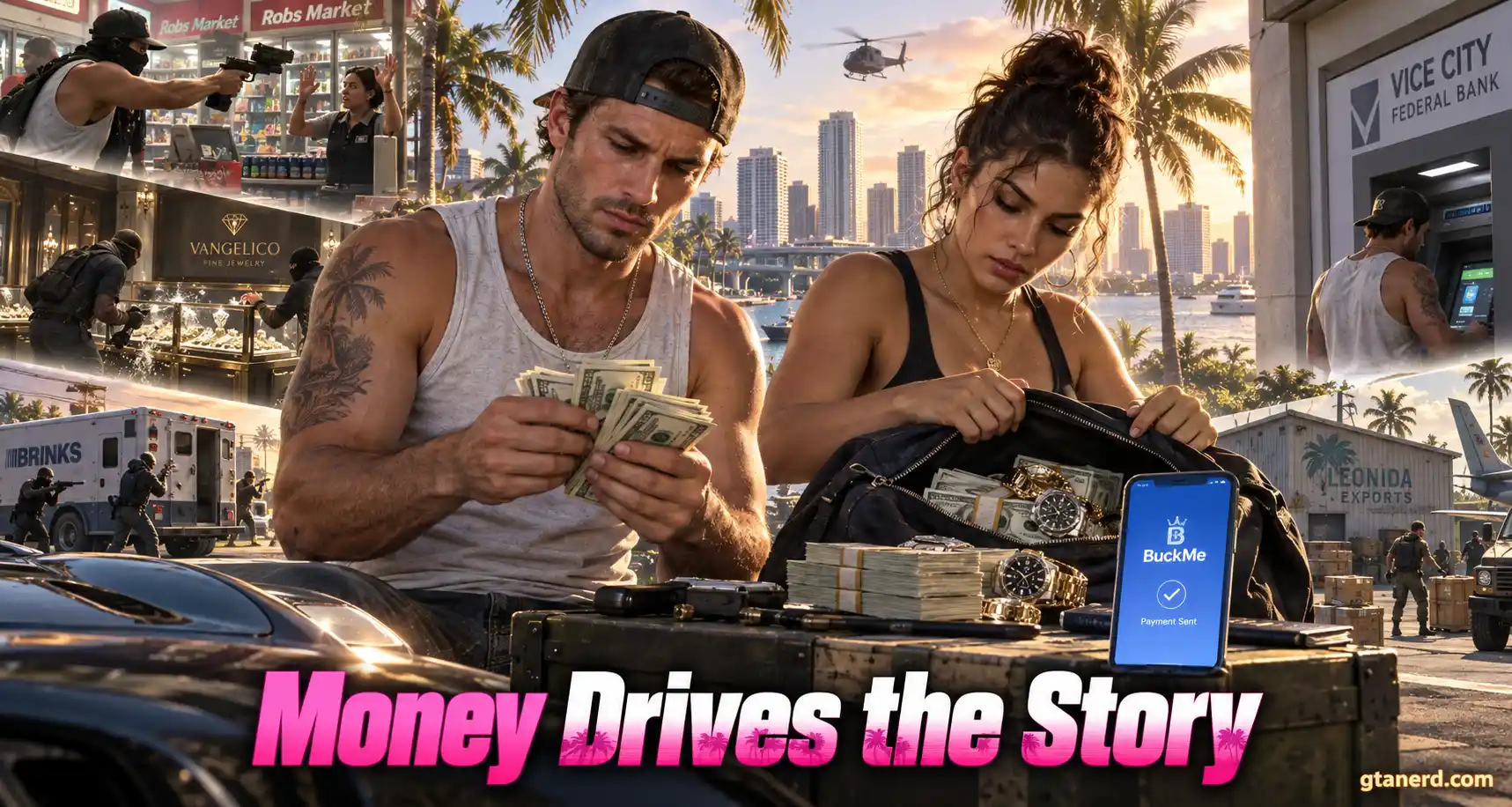 GTA 6 money and economy featuring Jason and Lucia with cash, gold, and bank transactions in Vice City