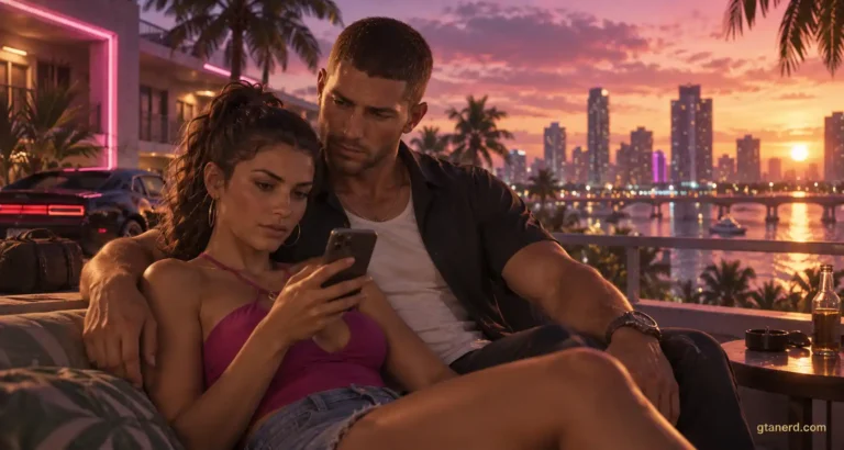 GTA 6 romance system showing Jason and Lucia relaxing together while checking a phone in a sunset Vice City setting.