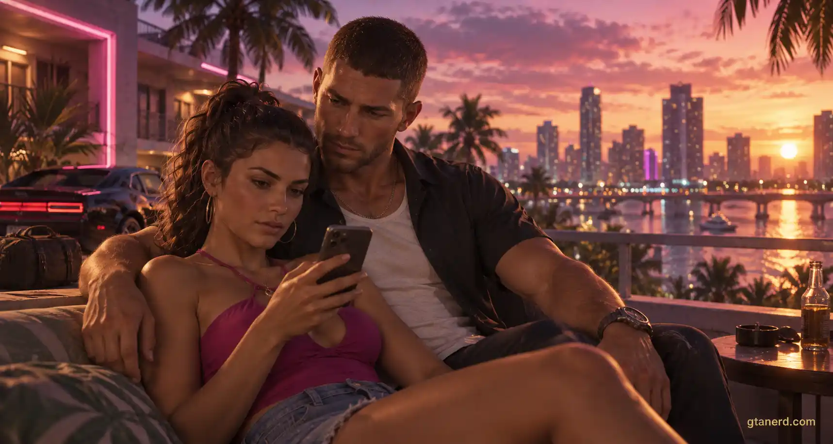 GTA 6 romance system showing Jason and Lucia relaxing together while checking a phone in a sunset Vice City setting.